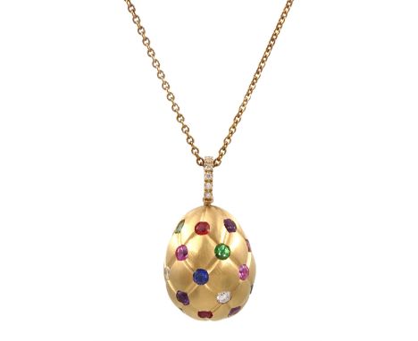 Fabergé Treillage brushed 18ct rose gold multi coloured gemstone egg pendant necklace, the quilted egg set with sapphires, ru
