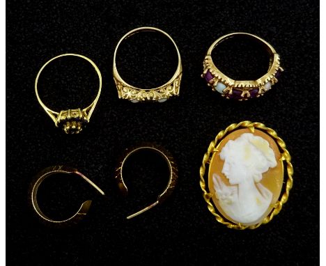 Gold sapphire and opal ring, amethyst and opal ring, cameo brooch, pair of hoop earrings, all 9ct and a silver-gilt blue ston