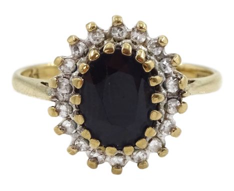 9ct gold oval sapphire and diamond chip cluster ring, hallmarkedCondition Report:Approx 2.5gm, size L-M