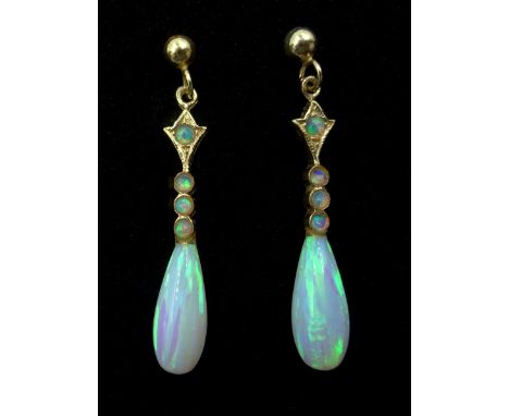 Pair of 9ct gold opal pendant earrings, stamped 375Condition Report:Approx 1.3gm, length = 30mm, good condition 