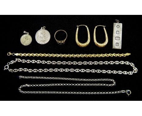 Pair of gold hoop earrings, cross link bracelet, and stone set cluster ring, all 9ct, silver chain necklaces and three silver