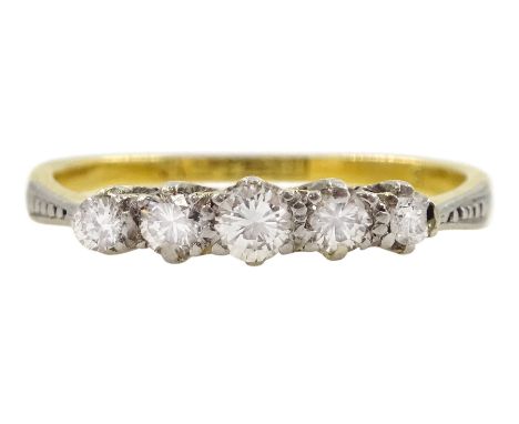 Gold five stone round brilliant cut diamond ring, stamped 18ct &amp; PlatCondition Report:Appro 1.75gm, size J-K, one stone l