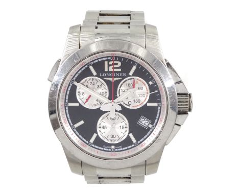 Longines Conquest gentleman's stainless steel quartz chronograph wristwatch, Ref. L3.701.4, on original stainless steel strap