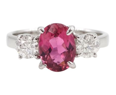 18ct white gold three stone oval pink tourmaline and round brilliant cut diamond ring, hallmarked, tourmaline approx 2.60 car