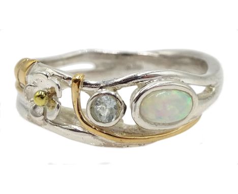 Silver and 14ct gold wire opal and aquamarine ring with flower detail to band, stamped 925 Condition Report:Size L, depth = 7