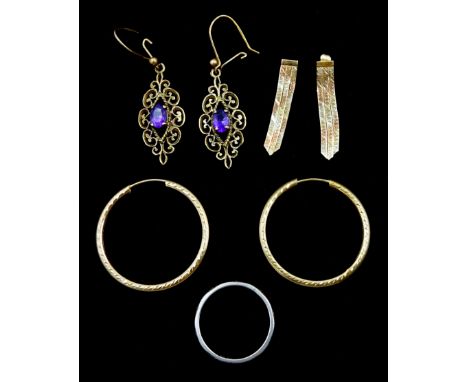 Pair of gold hoop earrings, pair of amethyst earrings and one other pair of earrings, all 9ct and a platinum wedding bandCond