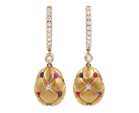 Pair of Fabergé Treillage brushed 18ct rose gold multi coloured gemstone egg pendant stud earrings, the quilted egg set with 
