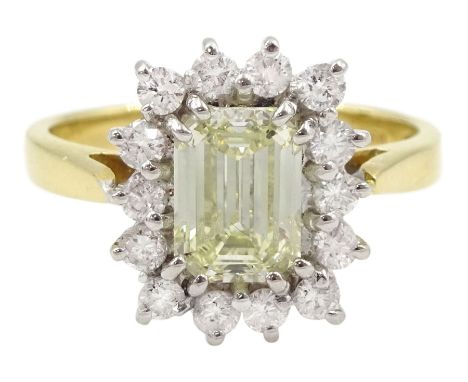 18ct gold emerald cut fancy yellow diamond and round brilliant cut diamond cluster ring, hallmarked , yellow diamond approx 1