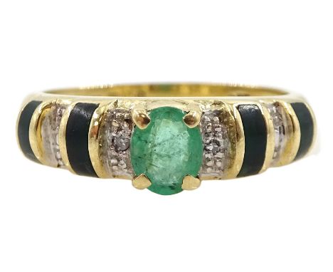 9ct gold oval emerald ring with diamond chip and green enamel shoulders, hallmarkedCondition Report:Approx 2.25gm, size J, go