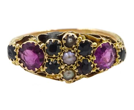 Victorian gold multi gemstone set ring, with engraved decoration shouldersCondition Report:Tested 12-15ct, size L, been re-si