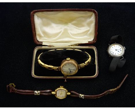 Early 20th century 9ct gold manual wind wristwatch, on gold expanding strap, stamped 9ct, Rotary 9ct gold wristwatch, on blac