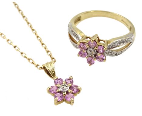 Gold pink sapphire and diamond cluster ring, with diamond set shoulders and a pink sapphire and diamond pendant necklace, all