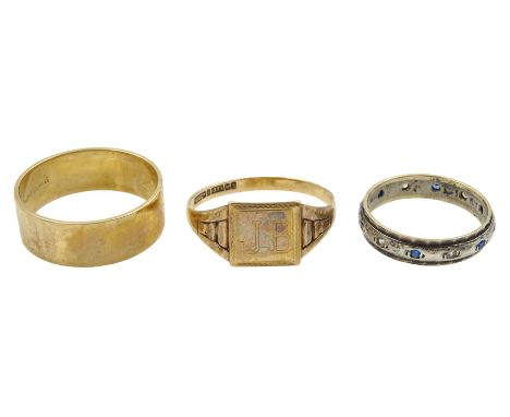 Gold signet ring and wedding band, both hallmarked 9ct and a gold and silver stone set full eternity ring stampedCondition Re