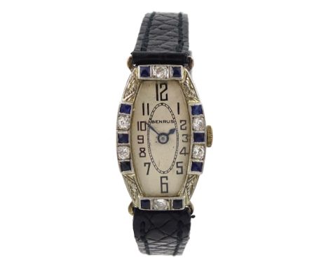 Benrus Art Deco 10ct gold ladies manual wind wristwatch, the bezel set with diamonds and synthetic sapphires, on black leathe