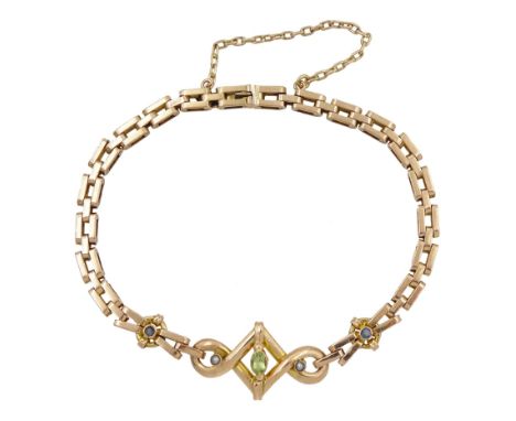 Early 20th century 9ct rose gold peridot, seed pearl and blue stone set braceletCondition Report:Approx 12.7gm, tested 9ct, l