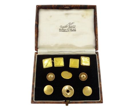 Pair of 9ct gold cufflinks, two 18ct gold shirt studs, three 9ct gold studs and a gilt stud, in velvet and silk lined boxCond