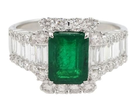 18ct white gold emerald, baguette and round brilliant cut diamond ring, stamped 750, emerald approx 1.85 carat, total diamond