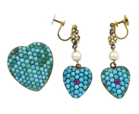 Victorian silver heart shaped turquoise brooch and a pair of gold heart shaped turquoise, pink stone and pearl pendant screw 