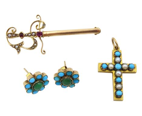 Edwardian 15ct rose gold garnet and seed pearl sword brooch, 15ct gold turquoise and pearl cross and a pair of 9ct gold stone