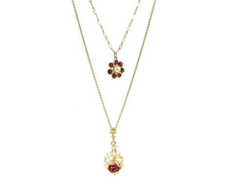 Yellow and pink gold rose pendant necklace and a garnet and pearl pendant necklace, both 9ctCondition Report:Approx 7.1gm, go