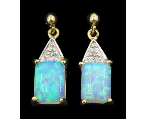 Pair of 9ct gold opal and diamond pendant stud earrings, stamped 375Condition Report:Approx 1.6gm, length = 16mm, good condit