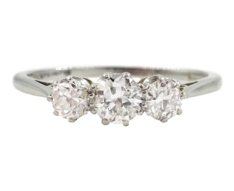 18ct white gold three stone round brilliant cut diamond ring, stamped 18ct Plat, total diamond weight approx 0.65 caratCondit