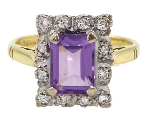 18ct gold emerald cut amethyst and round brilliant cut diamond cluster ring, hallmarkedCondition Report:Approx 5.5gm, size N-