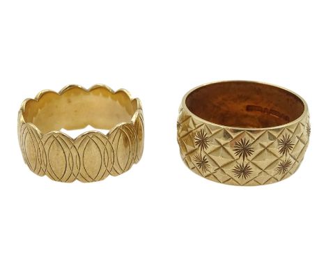 Two 9ct gold ring, both with engraved decoration, London 1973 and 1976Condition Report:Approx 9.25gm, sizes K and k-L, both 9