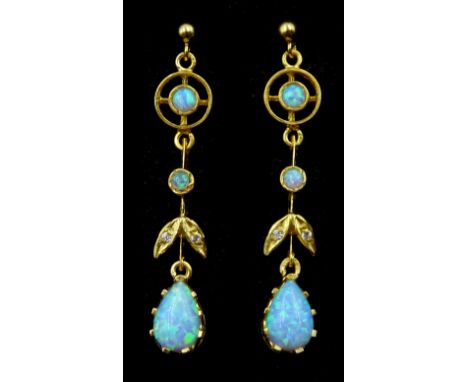 Pair of silver-gilt three stone opal and cubic zirconia pendant earrings, stamped SilCondition Report:Length = 43mm, good con