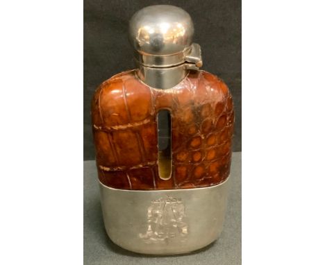 A late Victorian leather and silver cased hip flask, Sheffield 1897, 288g gross 