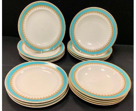 A late Victorian Royal Worcester turquoise and gilt banded set of eight dinner plates and soup bowls, pattern number 8989, da
