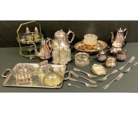 A Wolfe silver plated six piece tea and coffee service, tray ensuite;  an EPBM Teapot;  entree dish;  four bottle cruet stand