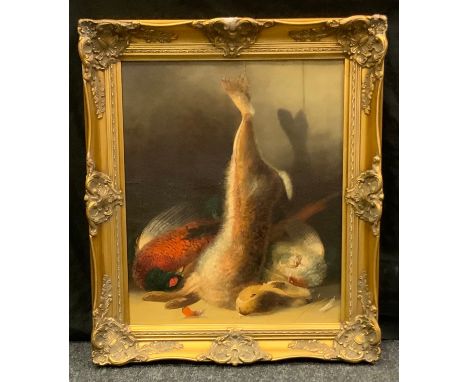 L Constable, Hare, Pheasant &amp; Grouse, signed verso, oil on canvas, 60cm x 50cm 