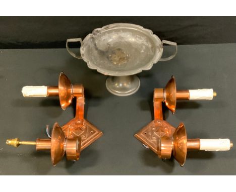 A pair of Arts &amp; Crafts copper two branch wall lights, candle effect fittings, copper drip pan scrolling sconces, 31cm wi
