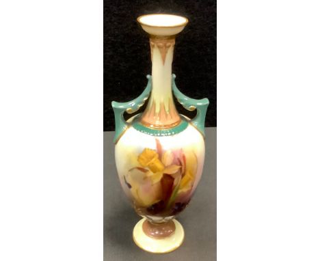 A Hadleys Worcester bud vase, painted with Daffodils and wild flowers, printed marks, 18cm high 