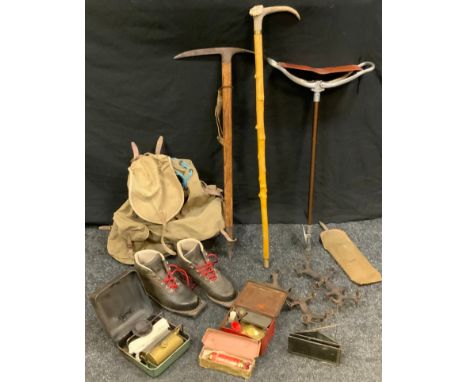 Mountaineering &amp; Outdoor Pursuits - a vintage Burmos camping stove;  Optimus No 111 stove;  folding candle lantern;  ice 