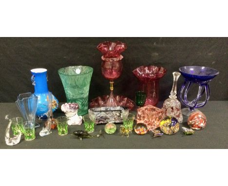 A Victorian cranberry glass epergne, malachite glass cornucopia vase;  paperweights, glass animals etc. 