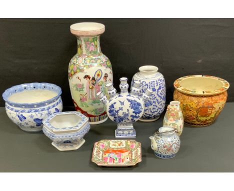 Oriental Ceramics - a 19th century famille rose vase, serpent swag shoulder;  a dragon painted teapot;  fish bowl planter etc