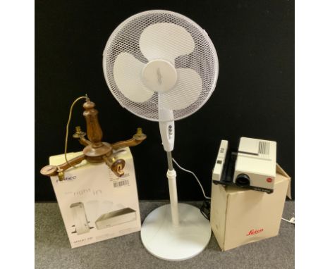 A Leica projector;  floor standing fan;  Antec Minuet 300 computer tower case etc 