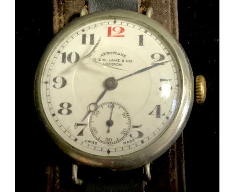 An early 20th century Aeroplane wristwatch, G &amp; M Lane &amp; Co, London, white dial, bold Arabic numerals, subsidiary sec
