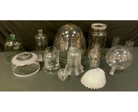 Glassware - carboys;   sweet jar;  candle shades;  oil lamp funnels, milk glass shade;  other shades 