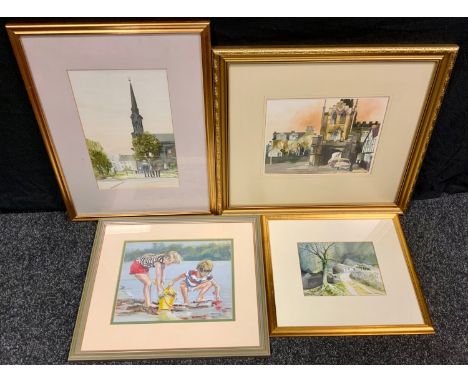 Stan Adam (20th century) Cars Gate Tower, signed, dated 83, watercolour, 21cm x 27cm;  others Church Spire, Winter Lights Far