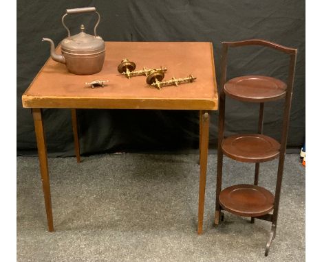 Metalware - a pair of brass candle sconces;  a copper kettle;  three tier mahogany folding cakestand;  card table 