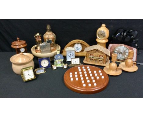 A vintage Bentima mantel clock;  others,  treen table lamp'  tea caddy, pair of candlesticks, solitaire board etc etc 