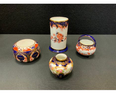 Royal Crown Derby miniatures - a 2649 cauldron; a 2649 spill vase; a 875 Imari pot; Crown Staffordshire compressed ovoid vase