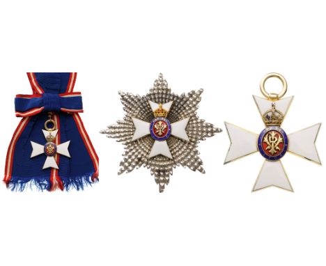 A Knight Grand Cross Set (G.C.V.O.), instituted in 1896: sash badge, 73 mm, in Silver gilt, obverse enameled, superimposed pa