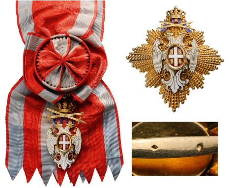 A 1st Class Set of the 2nd Type with swords, instituted on 28th of May, 1915: sashbadge, 88x42 mm, in gilt Silver and white e