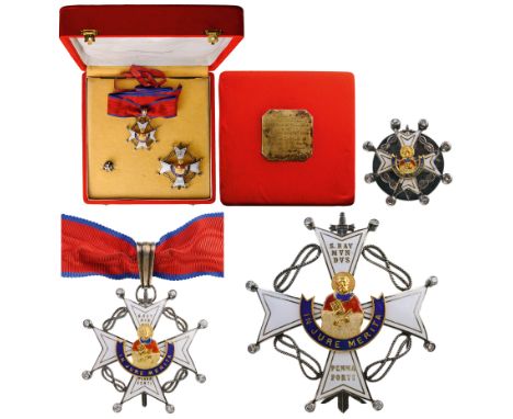 A Grand Officer’s set (or “Distinguished Cross of 1st Class”): white enameled,silver cross of Maltese type, 53 mm,  the ball-