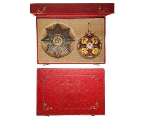 A 1st Class (Grand Cross) set, instituted in 1765. Sash Badge, 66x60 mm, in GOLD, bothsides enameled, both central medallions