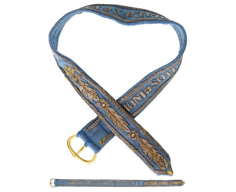 A Garter made of blue silk, with thick, gilt-silver bullion wire (toned) embroidery with the Order’s motto “HONI SOIT QUI MAL